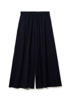 Marineblauwe wijde broek gemaakt van zachte stof met een elastische tailleband en geplooid ontwerp, die een ontspannen pasvorm biedt.