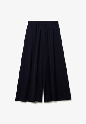 Marineblaue weite Hose aus weichem Stoff mit elastischem Bund und gefaltetem Design, die eine lockere Passform bietet.