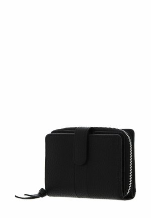 Portefeuille en cuir noir à surface texturée, fermeture éclair et bouton-pression. Présente un design compact avec un accent en boucle.