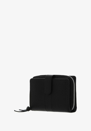 Portefeuille en cuir noir à surface texturée, fermeture éclair et bouton-pression. Présente un design compact avec un accent en boucle.