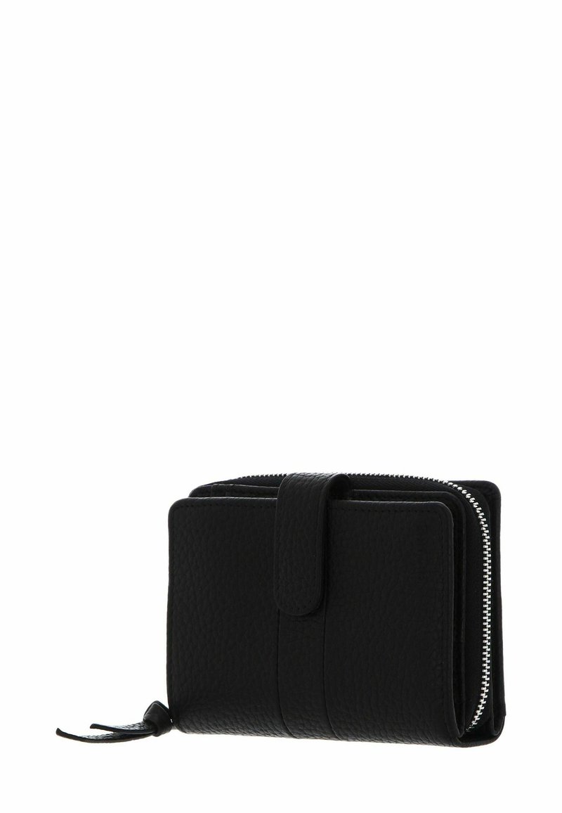 Portefeuille en cuir noir à surface texturée, fermeture éclair et bouton-pression. Présente un design compact avec un accent en boucle.