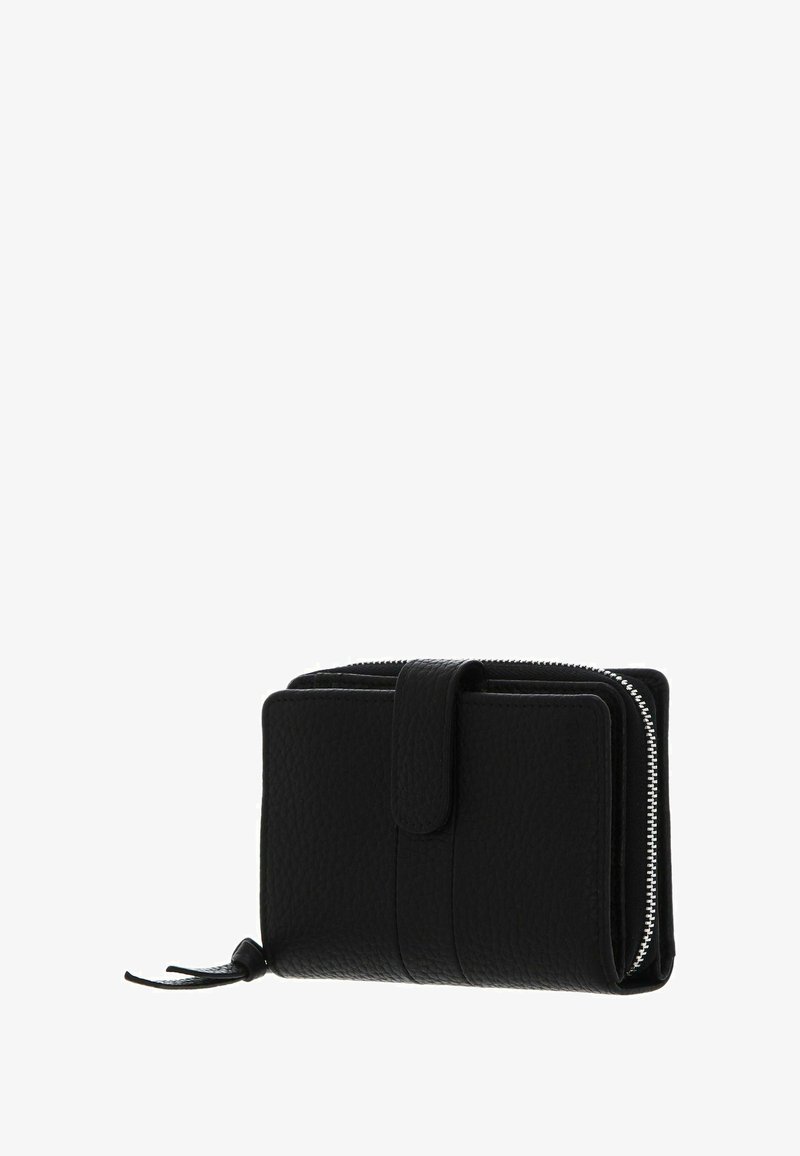 Portefeuille en cuir noir à surface texturée, fermeture éclair et bouton-pression. Présente un design compact avec un accent en boucle.