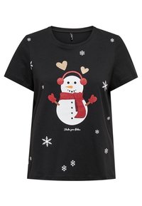 Sort kortærmet t-shirt med et glitrende snemand grafik iført ørevarmere og tørklæde, omgivet af snefnug og tekst der siger "Shake your flakes."