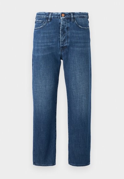 Dark blue denim jeans with a straight leg design, featuring a zip fly, five pockets, and contrast stitching details.