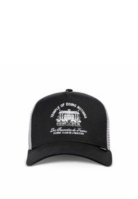 Black cap with a curved brim, featuring a white graphic design of a building and text. Mesh back and raised stitching details present.