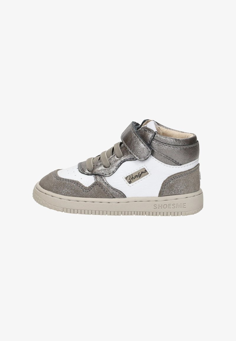 High-top sneaker in white and metallic grey leather. Features a textured finish, lace-up front, and Velcro strap for secure fit.
