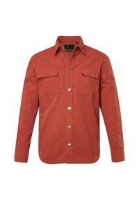 Rotes Baumwollhemd mit Knopfverschluss, zwei Brusttaschen und silbernen Druckknöpfen. Verfügt über einen spitzen Kragen und lange Ärmel.