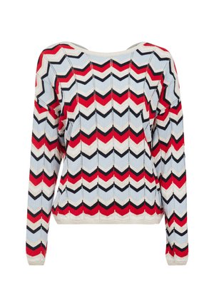 Jersey de punto con un patrón de espiga en rojo, azul marino, blanco y azul claro. Presenta mangas largas y un escote amplio, con un tejido texturizado.