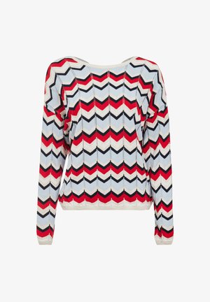 Gebreide pullover met een zigzagpatroon in rood, marineblauw, wit en lichtblauw. Beschikt over lange mouwen en een brede halslijn, textuurstof.