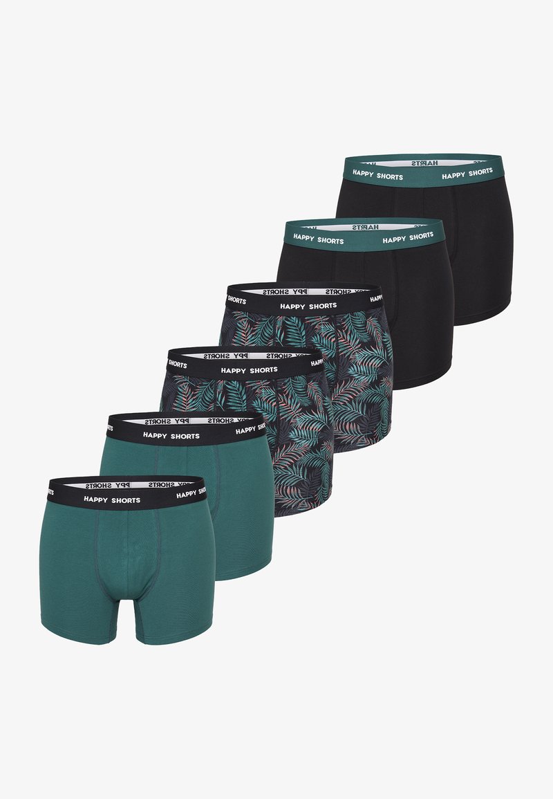 Six paires de boxers pour hommes avec un mélange de designs unis en teal, noir et imprimés de feuilles tropicales ; ceintures élastiques étiquetées "HAPPY SHORTS".
