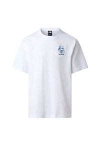 Hvid T-shirt med korte ærmer og lille blåt grafisk motiv af en gående tegneserieblok med The North Face-logoet på venstre bryst.