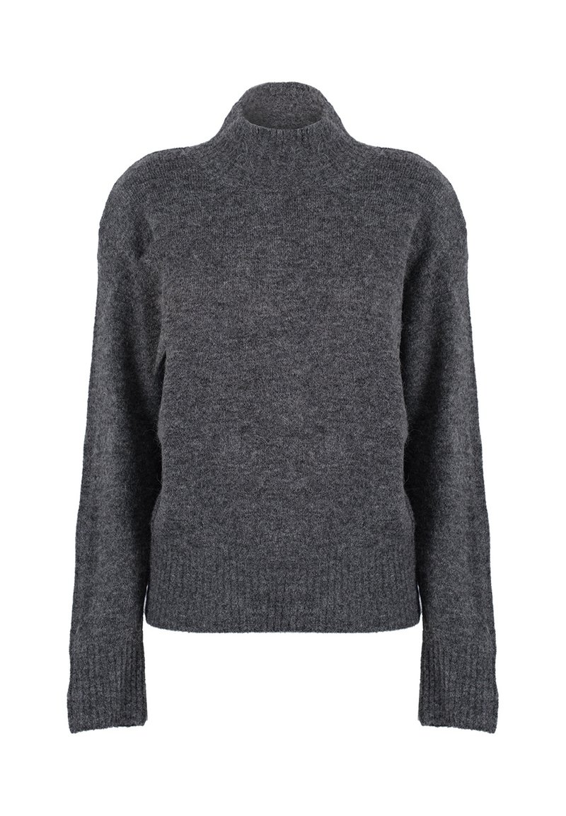 Maglione di lana grigio scuro con un alto collo, maniche lunghe e un taglio rilassato. Finitura testurizzata e polsini e orlo a costine.