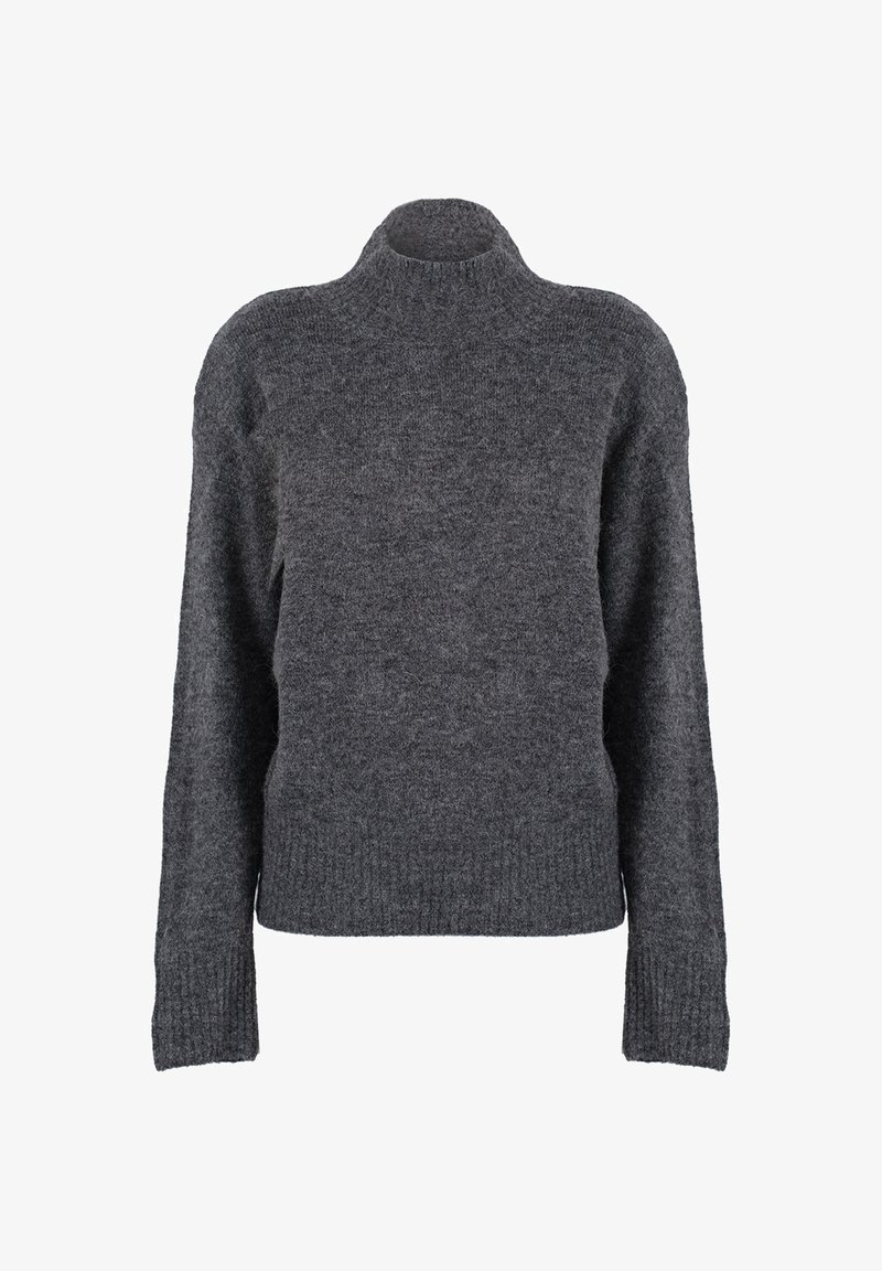Maglione di lana grigio scuro con un alto collo, maniche lunghe e un taglio rilassato. Finitura testurizzata e polsini e orlo a costine.