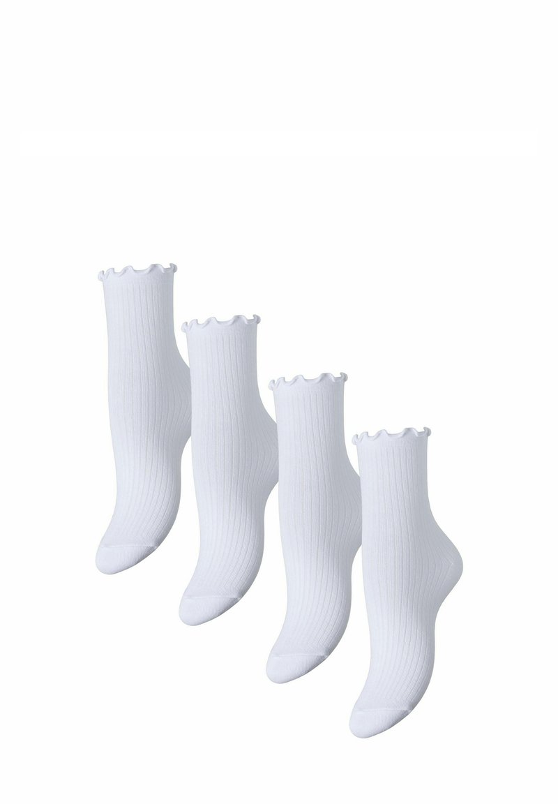 Chaussettes blanches côtelées avec un bord supérieur festonné, fabriquées dans un tissu doux. Quatre paires disposées à différents angles, mettant en valeur la longueur et les détails.