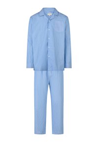 Haut de pyjama bleu clair à manches longues avec des boutons, poche poitrine et pantalon de pyjama droit assorti avec de fines rayures blanches.