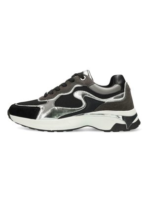Black and grey athletic sneakers with a mesh upper, suede accents, metallic detailing, and a thick white sole. Durable grip on the outsole.