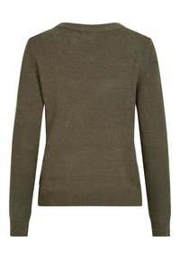 Olivegrüner Strickpullover mit langen Ärmeln, gerippten Bündchen, Saum und Rundhalsausschnitt, von hinten gezeigt.
