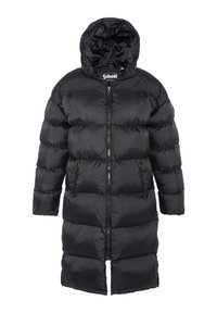 Sort pufferjakke med hætte, der har en frontlynlås, lange ærmer og et quiltet design med en glat, blank tekstur.