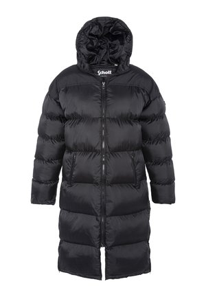 Schwarze Daunenjacke mit Kapuze, featuring einen frontalen Reißverschluss, langen Ärmeln und einem gesteppten Design mit einer glatten, glänzenden Textiloberfläche.