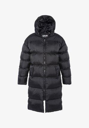 Sort pufferjakke med hætte, der har en frontlynlås, lange ærmer og et quiltet design med en glat, blank tekstur.