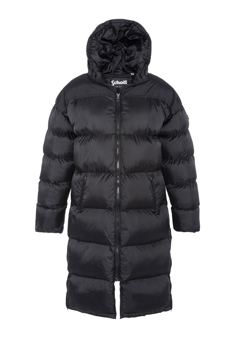 Sort pufferjakke med hætte, der har en frontlynlås, lange ærmer og et quiltet design med en glat, blank tekstur.