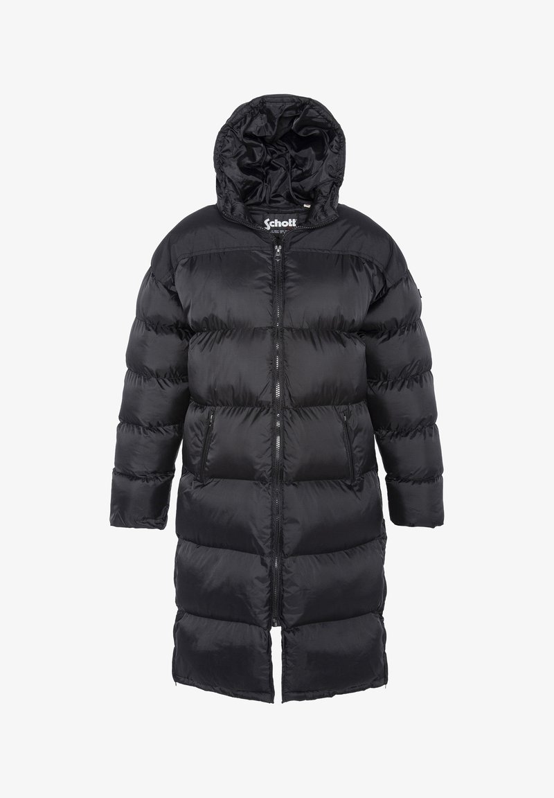 Schwarze Daunenjacke mit Kapuze, featuring einen frontalen Reißverschluss, langen Ärmeln und einem gesteppten Design mit einer glatten, glänzenden Textiloberfläche.