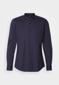 Navy blue long-sleeve shirt with a stand-up collar, featuring a button-down front and smooth texture. Plain design, no visible patterns.