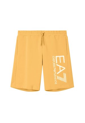 Gelbe Shorts mit Kordelzug, seitlichen Taschen und weißem vertikalem EA7 Emporio Armani-Logo am rechten Bein.