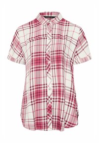 Camisa de cuadros de manga corta en tonos de rosa y blanco. Presenta un cierre de botones en la parte delantera, cuello y un dobladillo recto con un detalle de bolsillo.