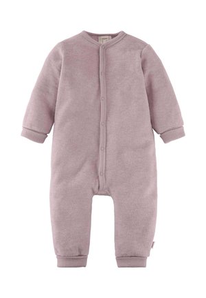 Weicher rosa Baby-Strampler mit langen Ärmeln, Druckknöpfen an der Vorderseite und gerippten Bündchen an Armen und Beinen.