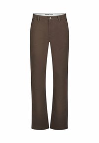 Brązowe bawełniane spodnie o prostym kroju, z zapięciem na guziki, przednimi kieszeniami i kontrastującymi przeszyciami.