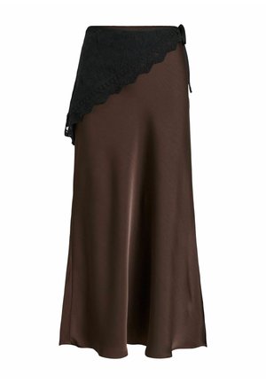 Jupe midi en satin marron avec un détail de ruban asymétrique en dentelle noire noué à la taille.