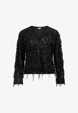 Schwarzes Langarmoberteil mit V-Ausschnitt, dekoriert mit glänzenden schwarzen Pailletten und Fransen, die in einem Diamantmuster angeordnet sind.