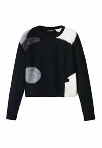 Czarny krótki sweter z mieszanką faktur i geometrycznych wzorów w odcieniach szarości i bieli. Detalem są ściągacze na mankietach i dole swetra.