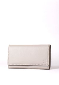 Light gray leather wallet with a textured surface, rectangular shape, and a logo embossed on the front. Features stitched edges and a flap closure.