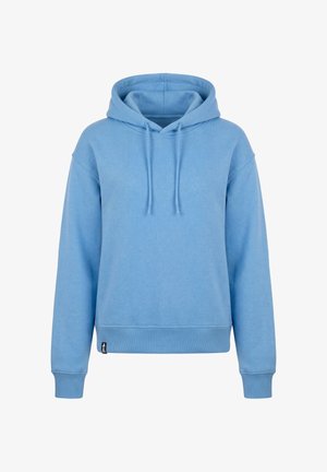 Hellblauer Kapuzenpullover mit langen Ärmeln, vorderen Kordeln, Rippenbündchen und einem kleinen schwarzen Etikett nahe dem Saum.