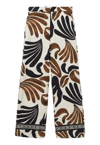 Pantalons à jambe large avec un motif floral en noir et marron sur un fond crème, présentant un détail de base à motif contrastant.