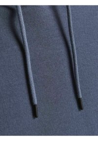 Hooded sweatshirt in dark gray fabric with a smooth texture. Features matching drawstrings with black plastic aglets and subtle stitching details.
