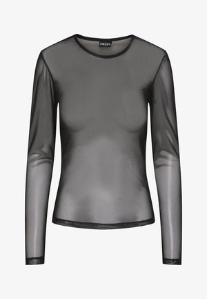 Czarna, długorękawowa, siateczkowa bluzka z okrągłym dekoltem, prześwitująca, z kontrastującym czarnym obszyciem na krawędziach. Bez widocznych wzorów i elementów ozdobnych.