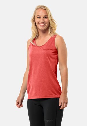 Rode sportieve tanktop van een gladde, lichte stof, met een ronde halslijn en minimalistische branding op de borst.