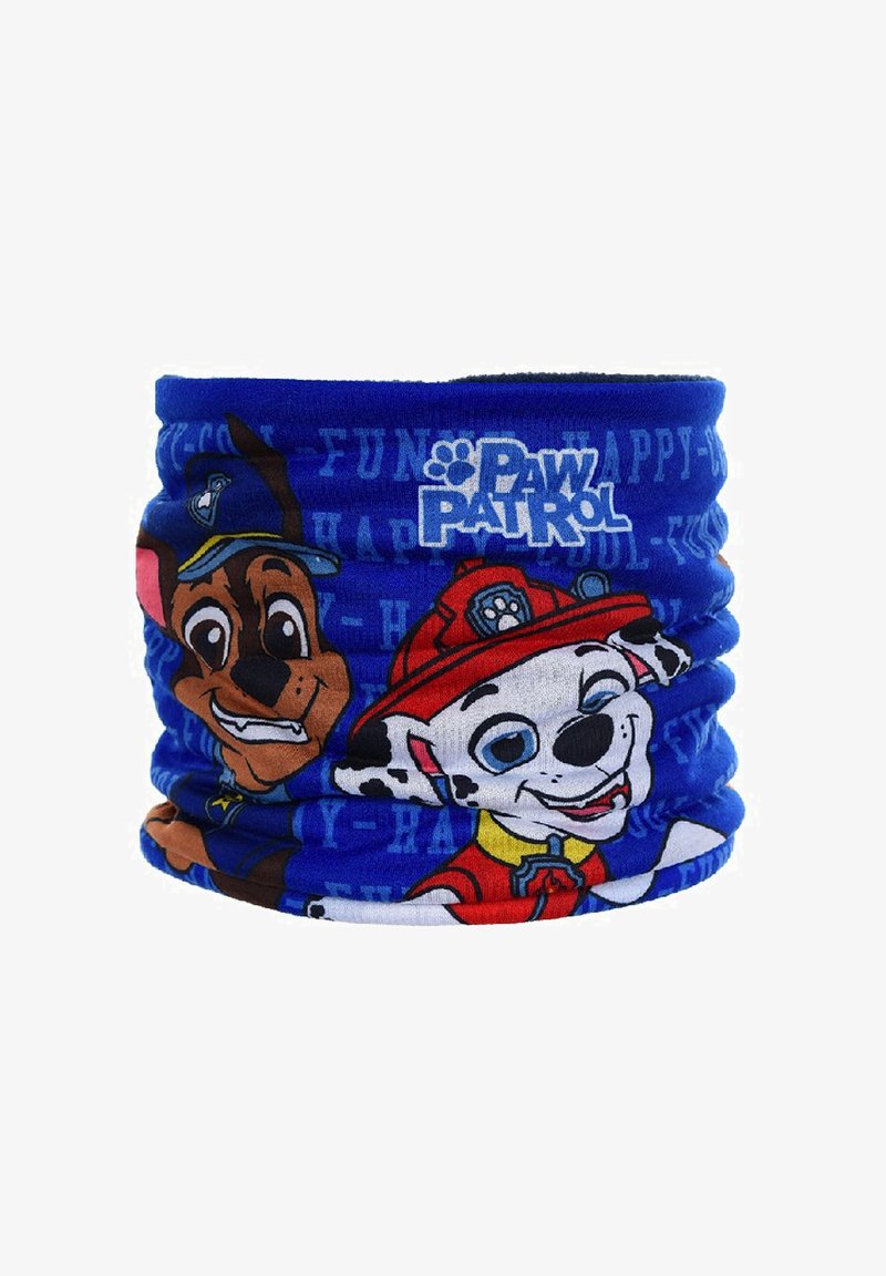 Blauer Stoff-Nackenschlauch mit Cartoon-Hunden aus Paw Patrol. Enthält Charakterdesigns von Chase und Marshall mit lebendigen Farben und verspielt gestalteten Texten.