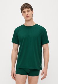 Πράσινο κοντομάνικο μπλουζάκι από απαλό ύφασμα, σε συνδυασμό με πράσινα σορτς. Το μπλουζάκι έχει στρογγυλή λαιμόκοψη και άνετη γραμμή.