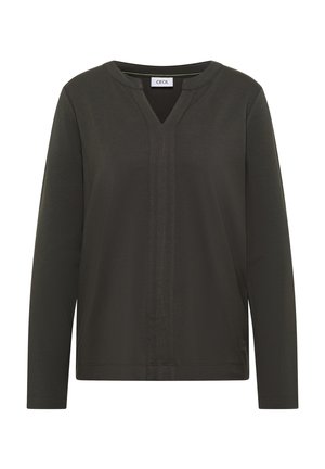 Dunkelgrünes Langarmoberteil mit V-Ausschnitt und einer strukturierten Mittelnaht. Hergestellt aus weichem Material, mit lockerem Schnitt und schlichtem Design.