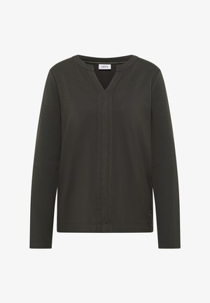 Haut à manches longues vert foncé avec un col en V et une couture texturée au centre. Confectionné en matière douce, avec une coupe décontractée et un design simple.