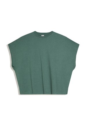 Oversized korte mouwen donkergroene trui met brede pasvorm en ronde halslijn, plat gelegd op een witte achtergrond.