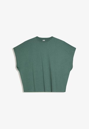 Felpa verde scuro a maniche corte oversize con corpo ampio e scollo rotondo, distesa su sfondo bianco.