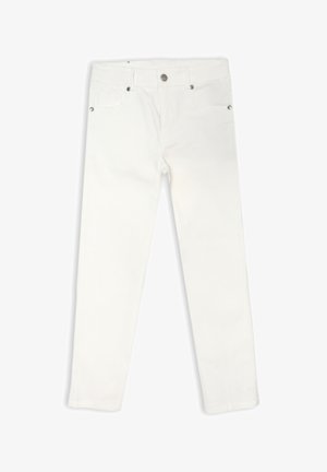 Pantaloni di denim bianchi con taglio dritto, dotati di chiusura anteriore con bottone, cinque tasche e dettagli in metallo argentato. Tessuto liscio.