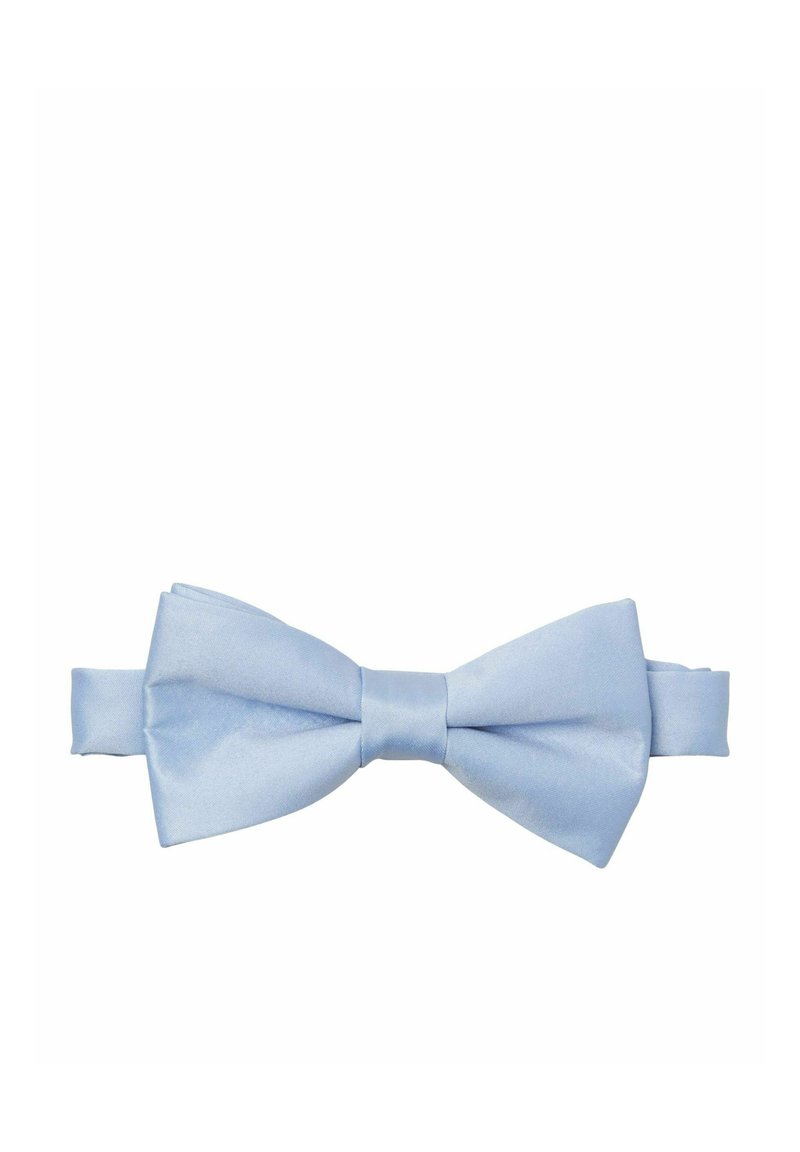 Pajarita de seda azul claro con una textura suave, que presenta una clásica forma de mariposa y una correa ajustable.