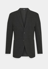 Tmavě šedý blazer s jemným kostkovaným vzorem, klopovými límci, dvěma předními kapsami a jednořadým zapínáním na knoflík. Přiléhavý střih s nevyztuženým interiérem.