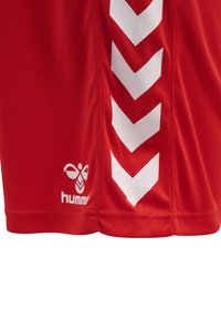 Pantalones cortos deportivos rojos hechos de una tela suave, con patrones en forma de chevron blancos en los lados y un pequeño logo de la marca en el dobladillo.
